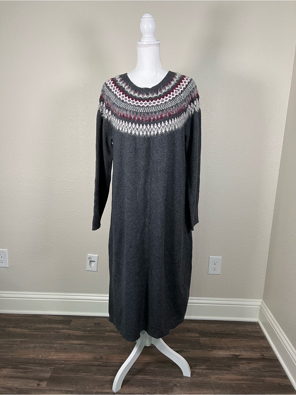 J. Jill Women’s Fair Isle Nordic Knit Sweater Dress Fuzzy Gray Burgundy XL Long